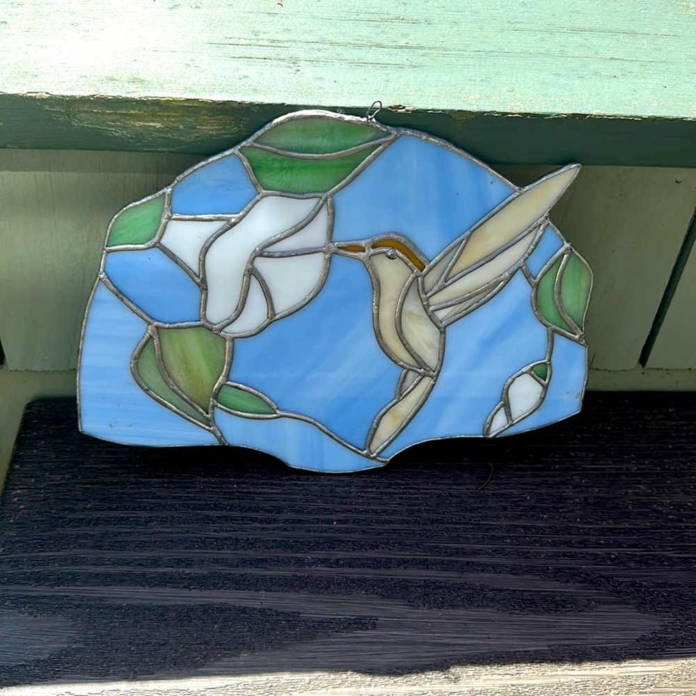 Vintage Stained Glass with flower and hummingbird